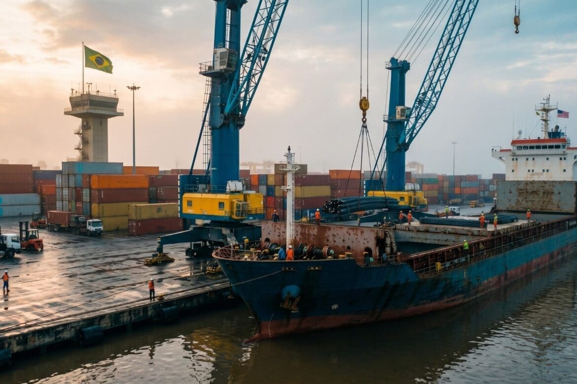 Navio cargueiro carregado de aço sendo descarregado por guindastes em porto brasileiro, com bandeira do Brasil ao fundo ao amanhecer
