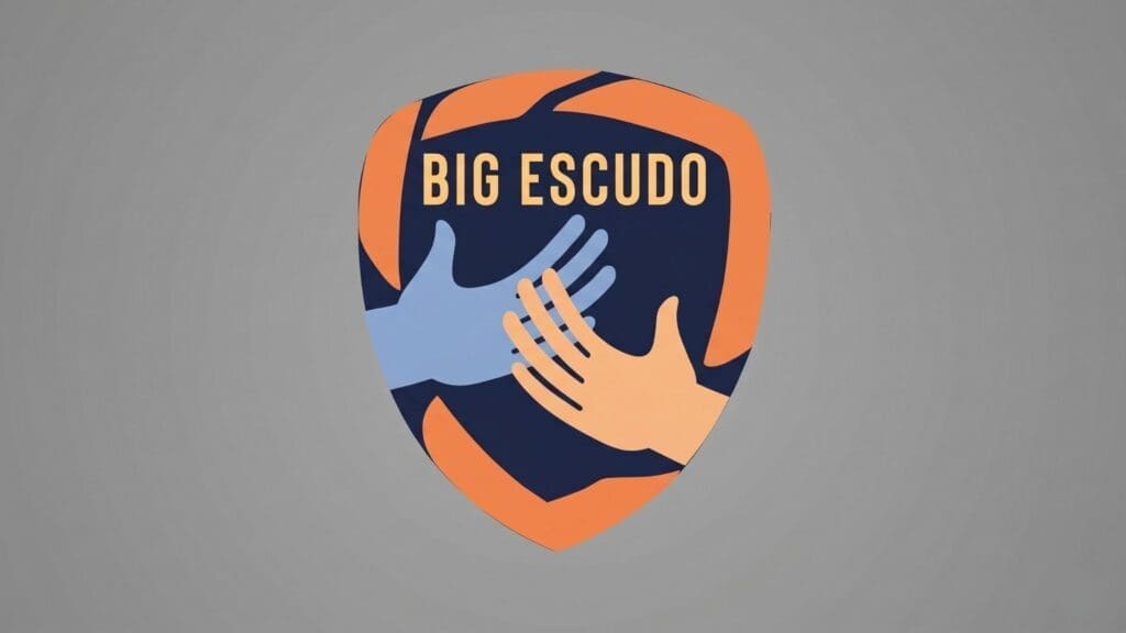 Logo do programa Big Escudo, com duas mãos estilizadas, uma azul e outra bege, se tocando dentro de um escudo laranja e azul, simbolizando proteção e união na luta contra a exploração infantil.