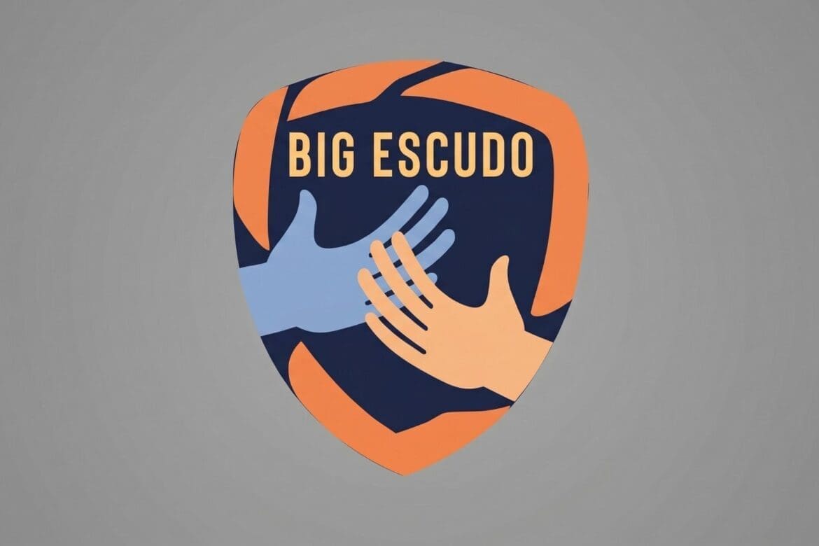Logo do programa Big Escudo, com duas mãos estilizadas, uma azul e outra bege, se tocando dentro de um escudo laranja e azul, simbolizando proteção e união na luta contra a exploração infantil.