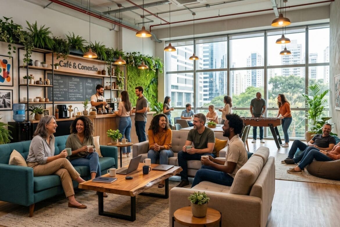 Ambiente corporativo moderno com colaboradores interagindo em um espaço de convivência, café e áreas de lazer, cercado por plantas e grandes janelas com vista para a cidade.