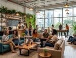 Ambiente corporativo moderno com colaboradores interagindo em um espaço de convivência, café e áreas de lazer, cercado por plantas e grandes janelas com vista para a cidade.
