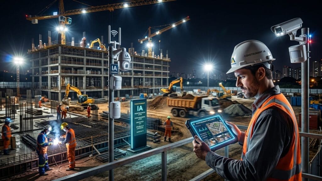 Engenheiro monitora obra noturna com tablet e sistema de inteligência artificial, enquanto trabalhadores atuam no canteiro iluminado, cercados por câmeras e equipamentos de segurança.