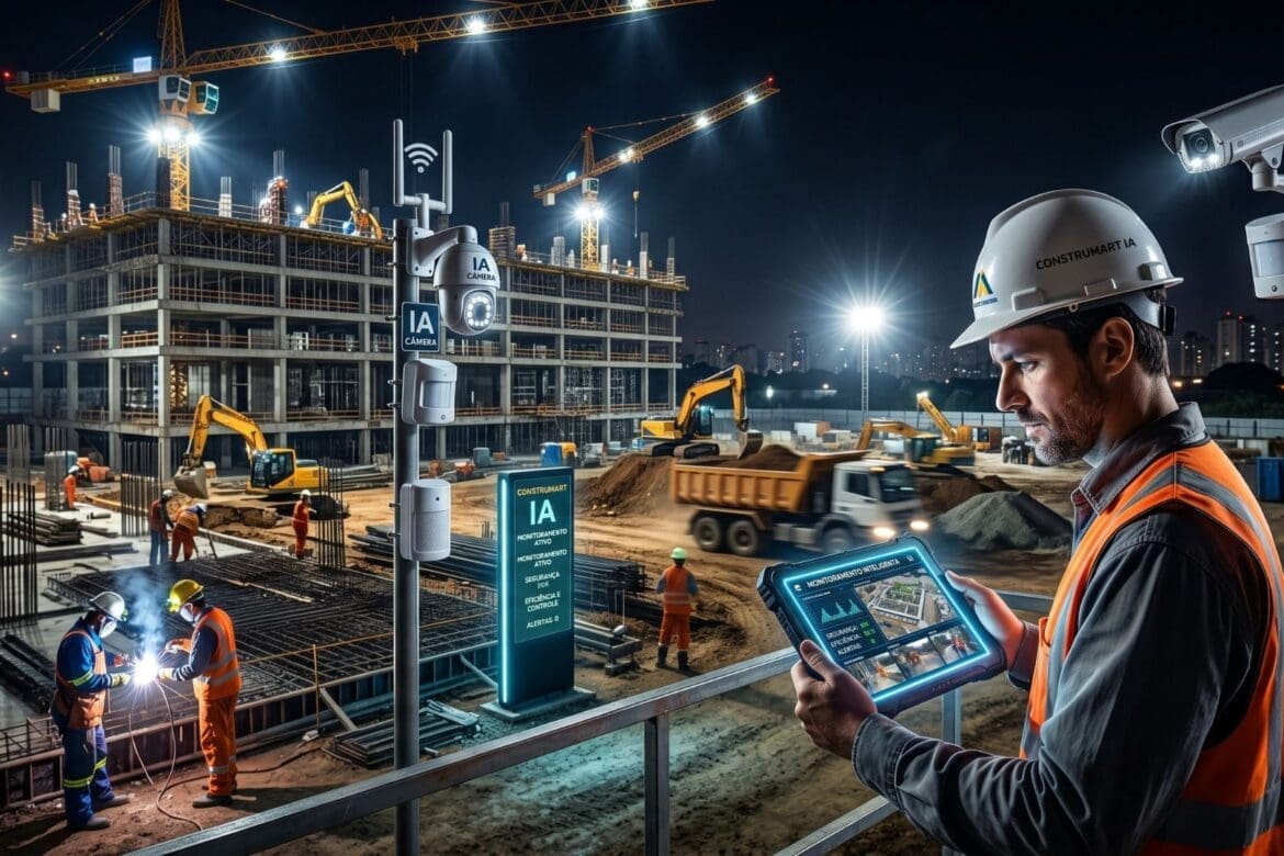 Engenheiro monitora obra noturna com tablet e sistema de inteligência artificial, enquanto trabalhadores atuam no canteiro iluminado, cercados por câmeras e equipamentos de segurança.