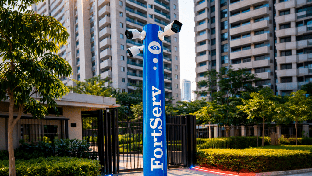 Totem de segurança FortServ com câmeras de vigilância instaladas na entrada de um condomínio residencial moderno, cercado por prédios altos e áreas verdes.