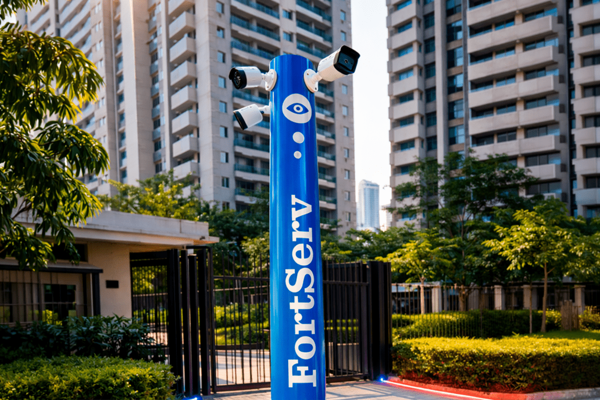 Totem de segurança FortServ com câmeras de vigilância instaladas na entrada de um condomínio residencial moderno, cercado por prédios altos e áreas verdes.