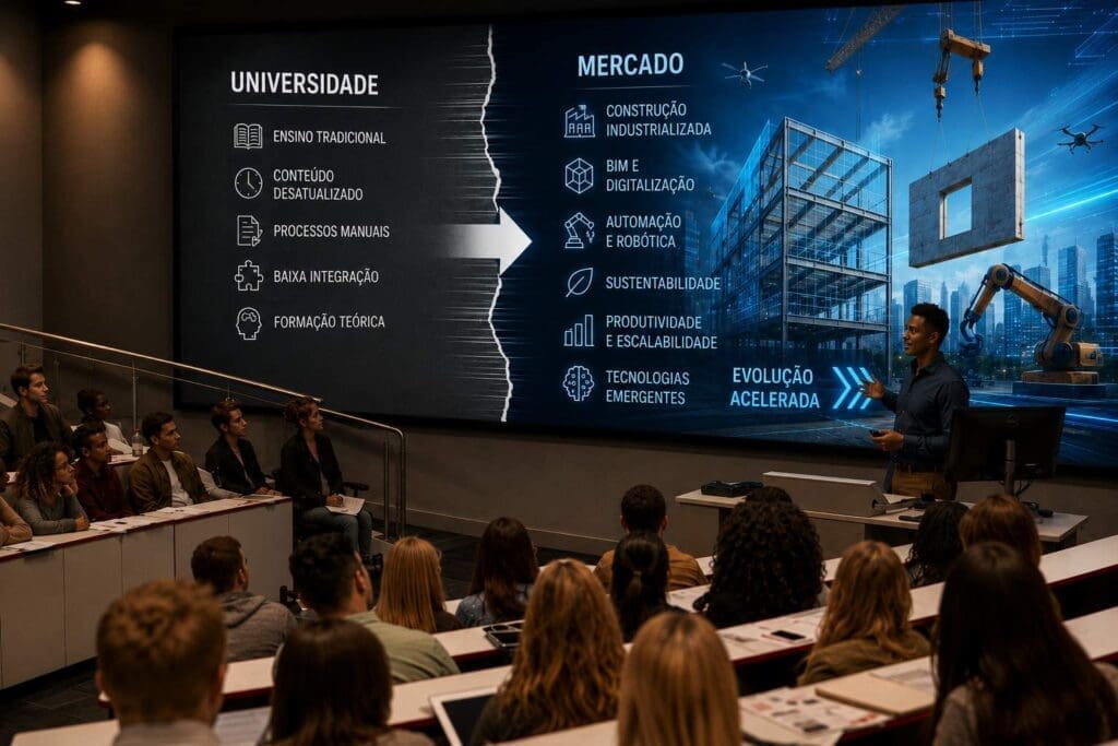 Professor apresenta para alunos universitários um painel comparativo entre o ensino tradicional das universidades e as demandas tecnológicas do mercado da construção civil, destacando a desconexão entre formação acadêmica e evolução industrial do setor.