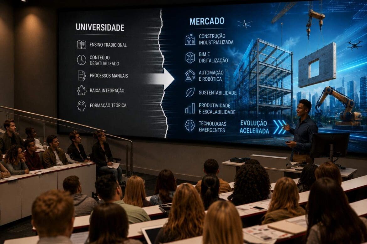 Professor apresenta para alunos universitários um painel comparativo entre o ensino tradicional das universidades e as demandas tecnológicas do mercado da construção civil, destacando a desconexão entre formação acadêmica e evolução industrial do setor.