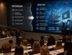 Professor apresenta para alunos universitários um painel comparativo entre o ensino tradicional das universidades e as demandas tecnológicas do mercado da construção civil, destacando a desconexão entre formação acadêmica e evolução industrial do setor.