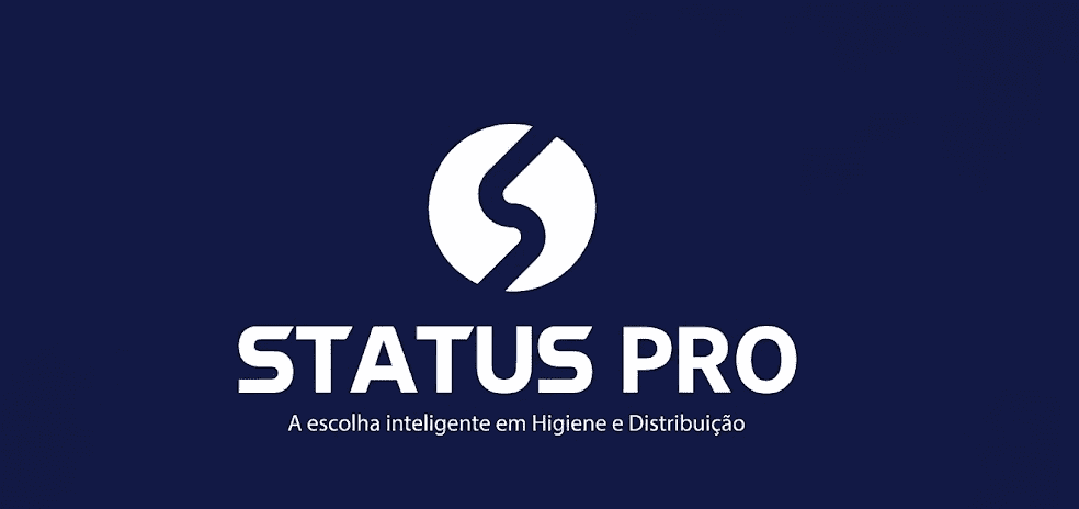 Logotipo da Status Pro com o slogan "A escolha inteligente em Higiene e Distribuição" sobre fundo azul escuro.