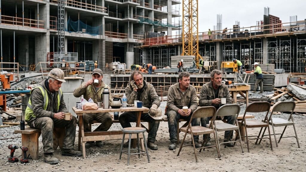 Trabalhadores da construção civil de meia-idade e idosos sentados em uma mesa improvisada durante uma pausa para o café em um canteiro de obras, com cadeiras vazias ao lado, simbolizando a ausência de jovens no setor. Imagem Ilustrativa criada pela Equipe C3.
