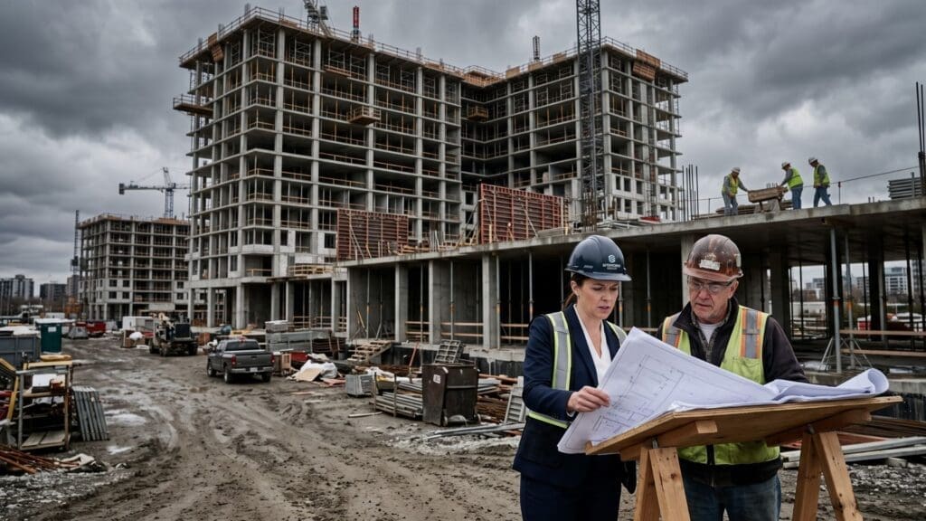 Engenheira jovem e trabalhador experiente analisam plantas em um grande canteiro de obras, com edifícios em construção ao fundo e céu nublado, simbolizando o desafio da renovação geracional e a importância da transferência de conhecimento no setor da construção civil. Imagem Ilustrativa criada pela Equipe C3.