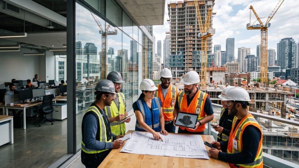 Engenheiros e gestores de obra analisam plantas e projetos em reunião ao ar livre, integrando escritório e canteiro de obras com prédios em construção ao fundo.