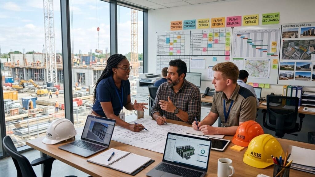 Equipe de engenheiros discute projetos e cronogramas em escritório integrado ao canteiro de obras, com painéis de planejamento e laptops sobre a mesa.