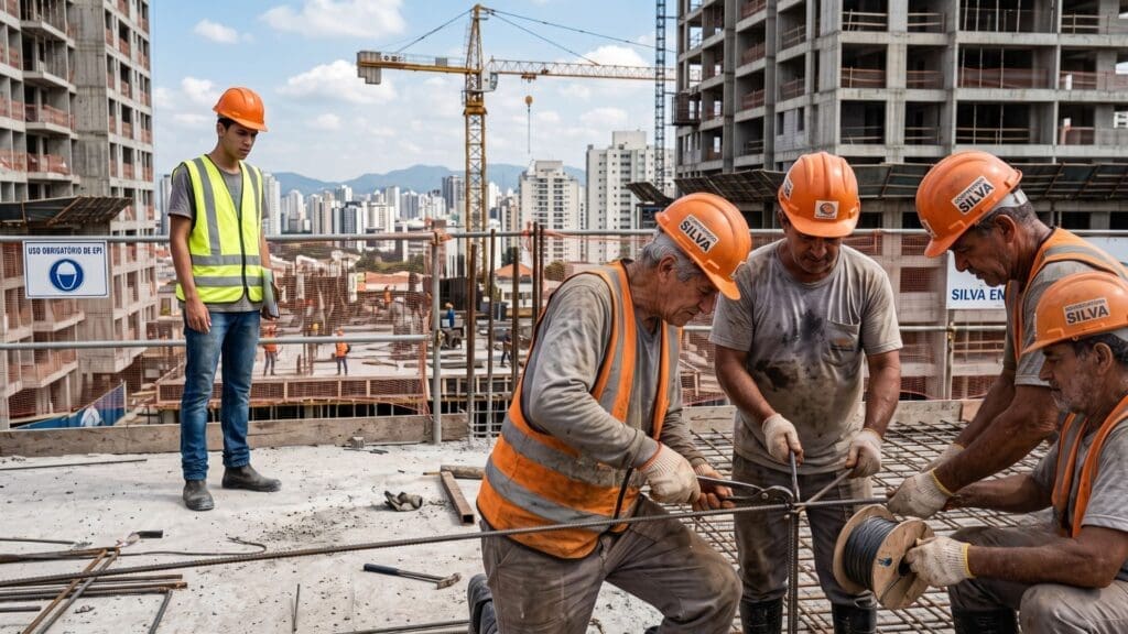 Jovem aprendiz observa à distância um grupo de trabalhadores experientes atuando em um canteiro de obras de edifícios, simbolizando o contraste geracional e o desafio da renovação da mão de obra na construção civil. Imagem Ilustrativa criada pela Equipe C3.