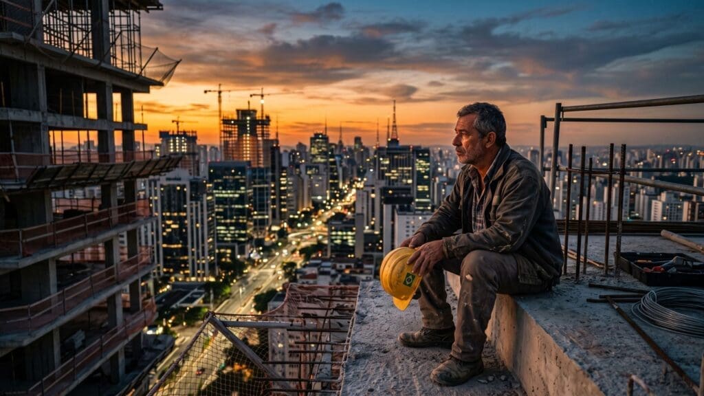Trabalhador da construção civil de meia-idade sentado no topo de um edifício em construção ao entardecer, olhando pensativo para o horizonte de uma grande cidade, simbolizando reflexão sobre o futuro do setor. Imagem Ilustrativa criada pela Equipe C3.