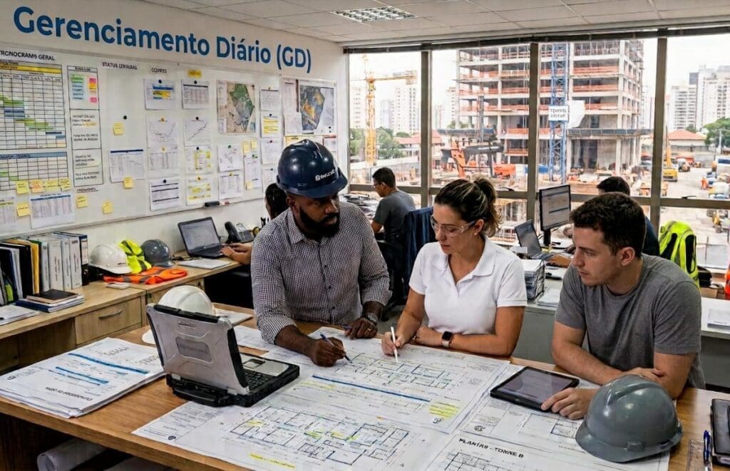 Equipe de engenharia realiza reunião de planejamento com plantas e cronogramas em escritório de obra, aplicando práticas de Gerenciamento Diário (GD), com canteiro de obras visível ao fundo.