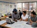 Equipe de engenharia realiza reunião de planejamento com plantas e cronogramas em escritório de obra, aplicando práticas de Gerenciamento Diário (GD), com canteiro de obras visível ao fundo.