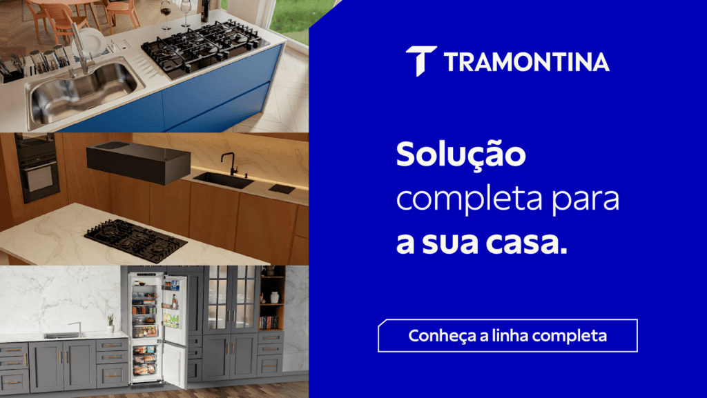 Ambientes de cozinha modernos equipados com eletrodomésticos Tramontina, incluindo cooktops, pias, coifas e refrigeradores, com destaque para soluções completas em design e tecnologia no showroom de Alphaville, SP.