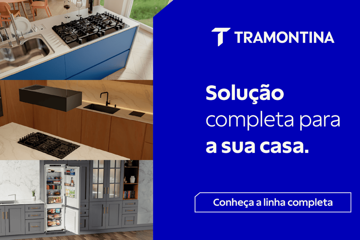 Ambientes de cozinha modernos equipados com eletrodomésticos Tramontina, incluindo cooktops, pias, coifas e refrigeradores, com destaque para soluções completas em design e tecnologia no showroom de Alphaville, SP.