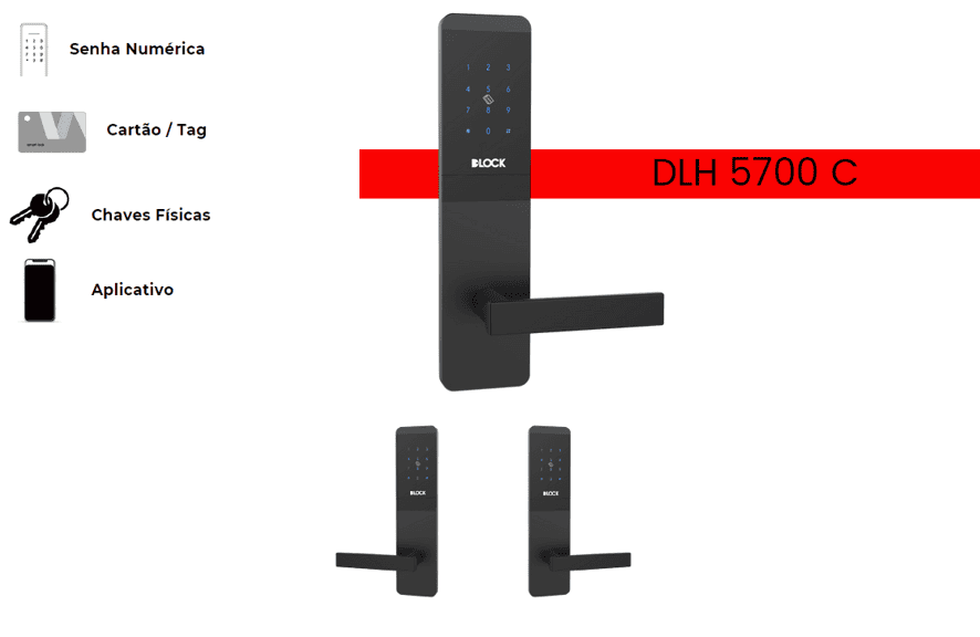 Fechadura eletrônica Dlock Hospitality modelo DLH 5700 C, com opções de acesso por senha numérica, cartão/tag, chaves físicas e aplicativo.